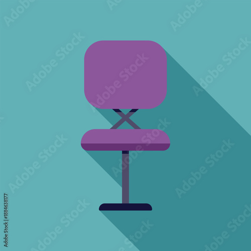 Minimalist vector illustration featuring a purple rotating office chair, casting a long shadow on a turquoise background, conveying concepts of workplace, office furniture, and modern design