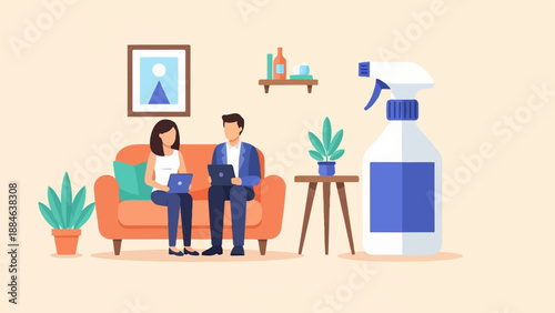 Two people work on laptops in a living room, with cleaning supplies nearby