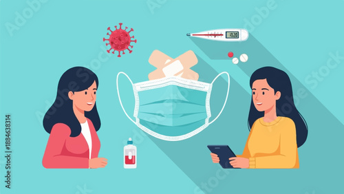 Two women, medical supplies, and virus illustration with a teal background