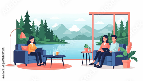 People working on laptops in a cozy room overlooking a serene lake and mountains
