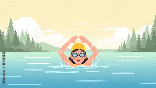 Person swimming in a lake surrounded by trees and mountains