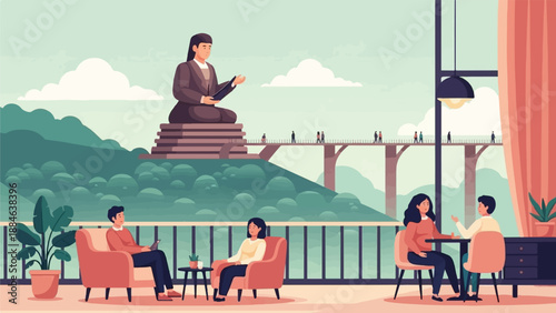 People relax on a balcony overlooking a monumental statue and a distant bridge