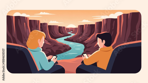 Two people with phones observe a canyon river at sunset