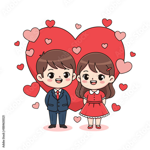 Cute Cartoon Character Couple with Hearts Background for Valentine's Day Celebration