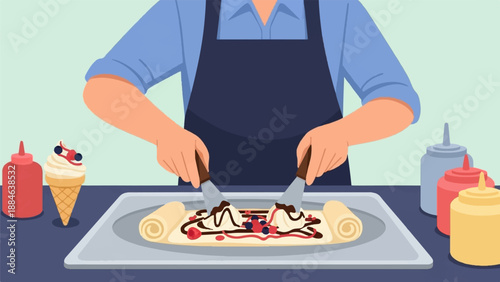 Person prepares rolled ice cream with toppings, sauces, and condiments nearby