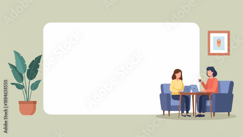 Two people sit on sofas, using laptops and drinking at a table