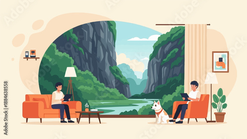 Two men and a dog relax indoors with a stunning mountain valley view
