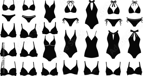 Collection of black silhouettes of women’s swimwear styles including bikinis, tankinis, and one-piece suits for fashion design, catalog, and illustration use.