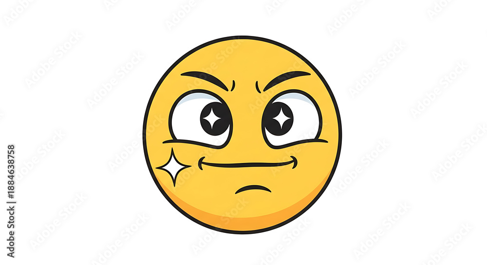 Fototapeta premium Cartoon yellow angry emoji face with furrowed eyebrows and frown isolated on white background