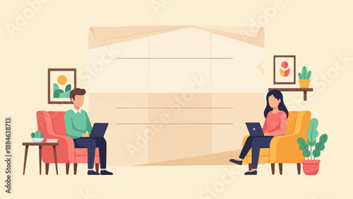 Two people work remotely on laptops while sitting in comfy armchairs at home