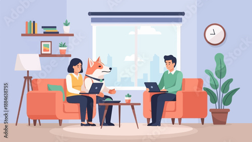 Person and anthropomorphic dog work on laptops at home