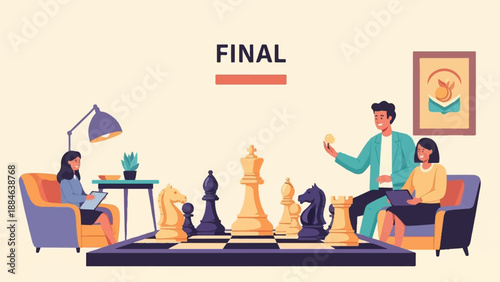 Two people playing a game of chess in a room, a third watches