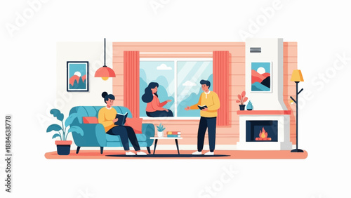 People reading books inside a living room with a fireplace and window