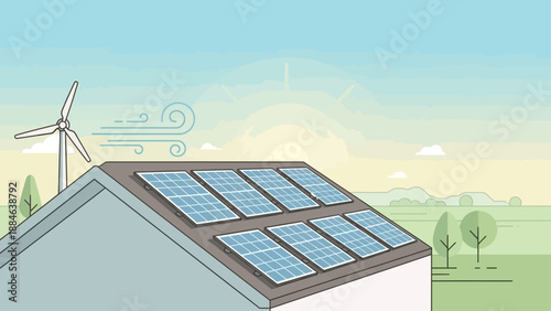 Modern house with solar panels and wind turbine generating renewable energy.