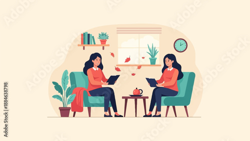 Two women in cozy armchairs reading books near window