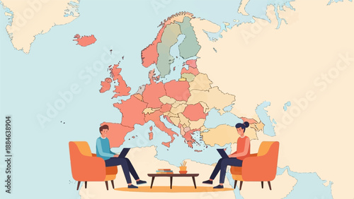 Two people work on laptops in front of a colorful map of Europe