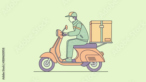 Delivery person riding a scooter with a large box on the back.