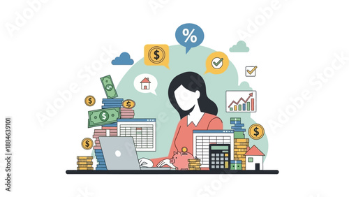 Businesswoman working with financial documents and digital tools in office.