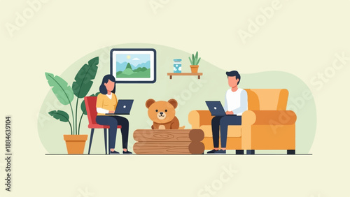 Two people work on laptops in a cozy living room with a teddy bear