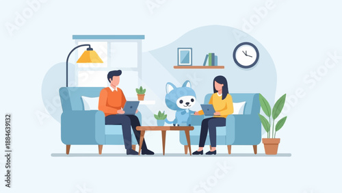 Two people and a pet work on laptops on a couch at home