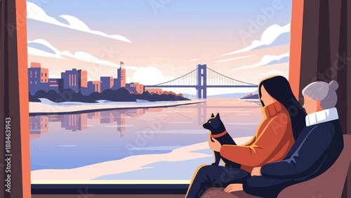 Two people and a dog gaze out at a city skyline and bridge over water