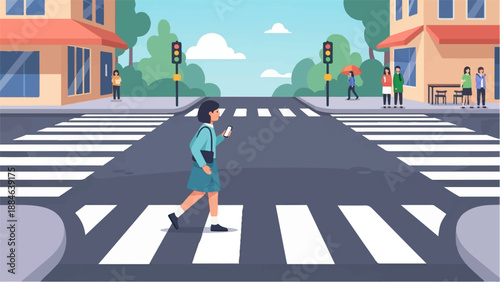 Pedestrian crossing busy street with buildings and trees