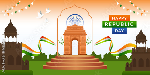 Happy Republic Day Banner with India Gate and Red Fort