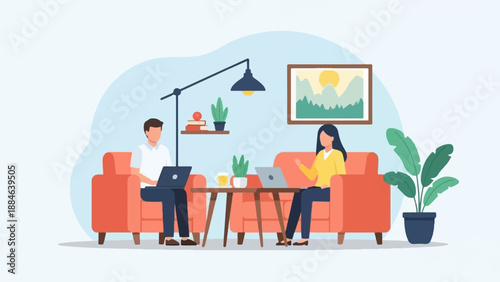 Two people work remotely on laptops in a cozy, modern living room