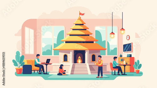 People engage in work and leisure activities around a pagoda-style building