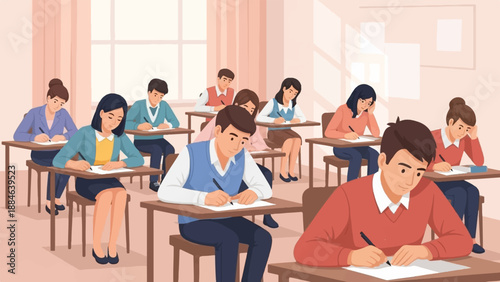 Students focused on writing tests at desks in a classroom setting