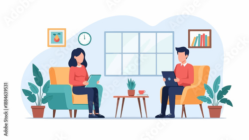 Two people relax in a living room, one reads, one uses a tablet