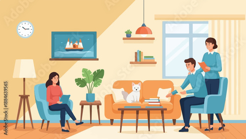 People relaxing with pet cat in a cozy living room with wall clock and bookshelf