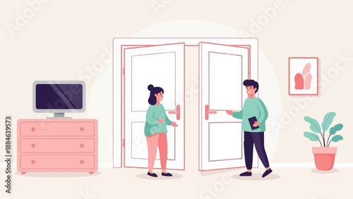 Two people interacting near open doors in a minimalist room