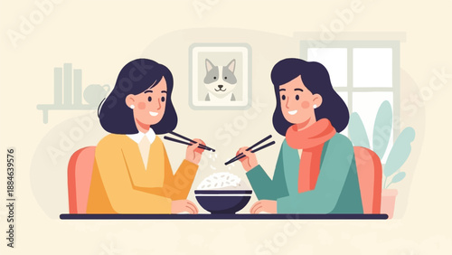 Two young women happily eating rice with chopsticks in a cozy indoor setting