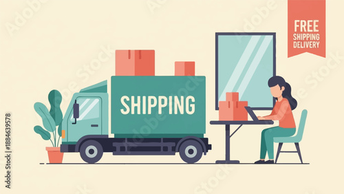 Woman orders free shipping delivery online, truck arrives with packages