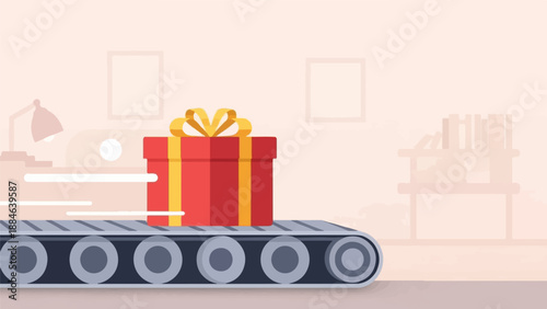 Red gift box with yellow ribbon on a conveyor belt in a room