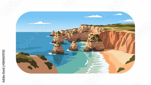 Scenic ocean view with cliffs, rock formations, beach, and blue sky