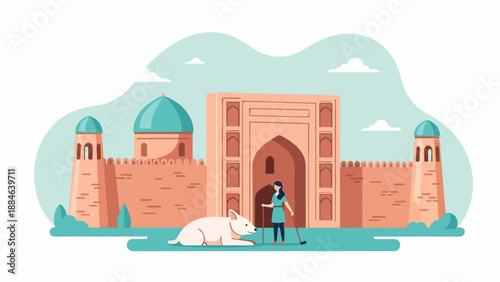 Stylized illustration of ancient fort with dome, towers, and figures