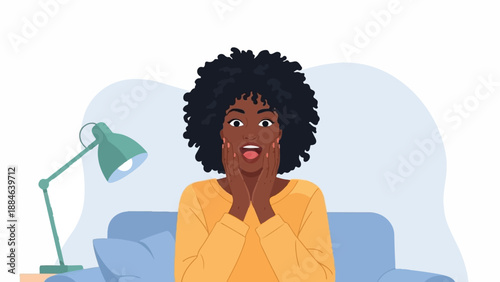 Woman with surprised expression on couch near lamp