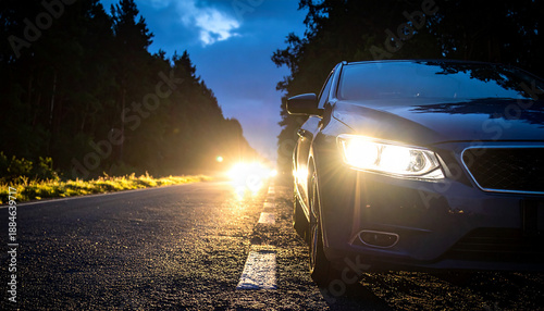 Dark forest road at dusk with a car's bright headlights illuminating the asphalt and distant oncoming traffic