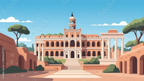 Ornate historical building with Roman columns and trees under sky