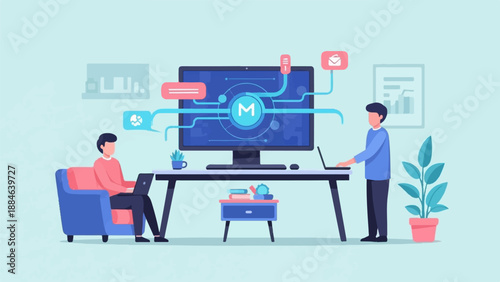 Two people working on laptops in a modern office setup with a large monitor