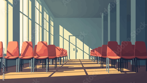 Rows of orange chairs bathed in sunlight cast long shadows on the floor