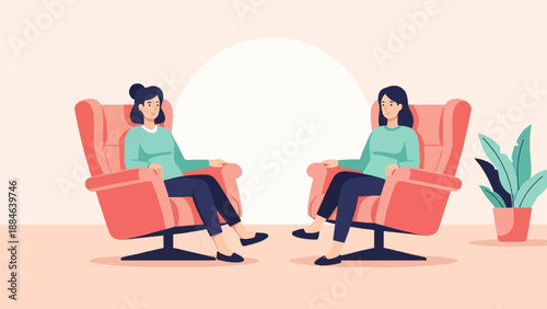 Two women in armchairs, facing each other, with a plant nearby