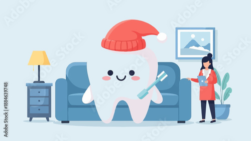 Whimsical cartoon tooth in Santa hat holds toothbrush beside woman