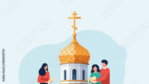 People singing near a golden domed church with a cross on top