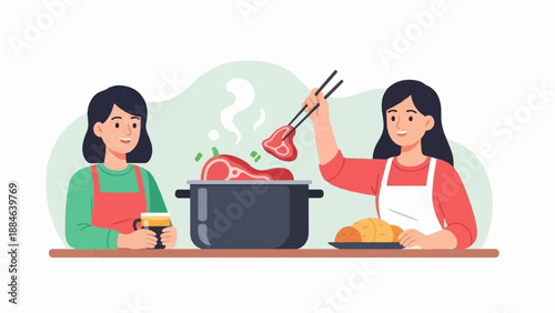 Two smiling women preparing food, one with a drink, one adding meat to pot