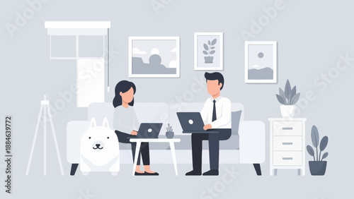 Two people and a dog work on laptops on a sofa in a minimalist room