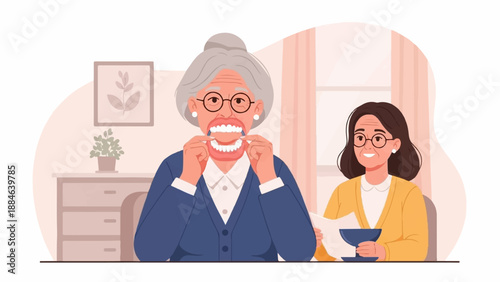 Two women, one older with glasses, adjusting her teeth, the other younger