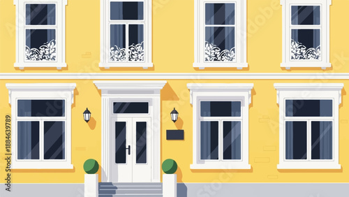 Yellow building facade with multiple white-trimmed windows and a white door